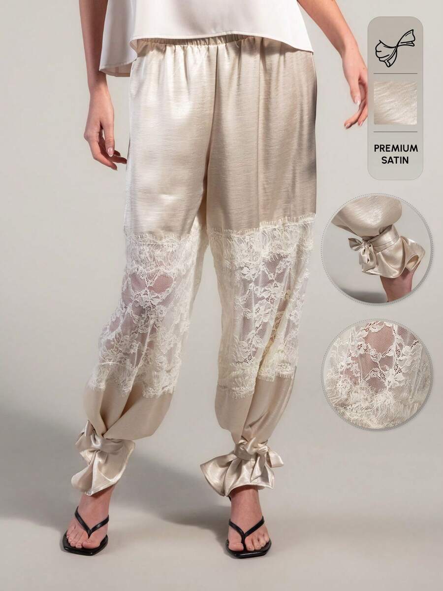 Rouah Pantalones anchos y sueltos de mujer con contraste de encaje de satén, con cordón en el tobillo, ligeros y perfectos para vacaciones de verano - Albaricoque - Ver 1