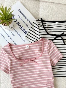 SHEIN Bộ đồ mùa hè sọc kẻ mềm mại 2 mảnh dành cho bé gái tuổi teen, sọc đen/trắng và hồng, bộ đồ phối hợp thời trang cho mặc hàng ngày, đi nghỉ mát, cắm trại, chụp ảnh. - trắng - Xem 3