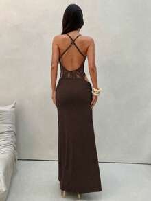 Aloruh Đầm nữ màu đen trơn, hở lưng, phối ren, kiểu dáng thanh lịch, thích hợp cho mùa xuân/hè, tiệc trà, hẹn hò. - Cà phê - Xem 6