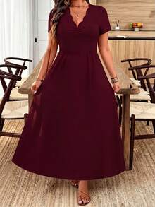 SHEIN Holidaya Đầm dài công sở thời trang cổ lượn sóng dành cho nữ cỡ lớn - Màu Đỏ Sâu - Xem 3