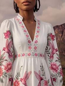 CAJUNI Chiếc váy ngắn tay dài màu trắng kiểu Bohemian với họa tiết nhiệt đới toát lên vẻ thanh lịch và tinh tế. - Màu be - Xem 5