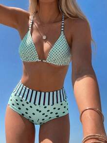 Swim Mod Conjunto de bikini sexy con parte delantera anudada y espalda descubierta, con estampado aleatorio de rayas y lunares, para vacaciones de verano en la playa - verde menta - Ver 4