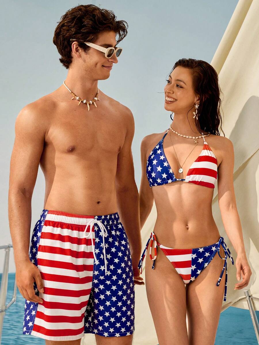 Manfinity VDAYZ Shorts de Praia Masculinos de Secagem Rápida com Bandeira Nacional para o Dia da Independência & Roupa de Banho Combinando para Casal para Festa na Piscina, Férias Casuais de Verão - Azul e Branco - Visão 1