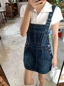 DAZY Rok Terusan Denim Wanita dengan Kantong dan Kancing - Biru - View 9