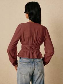 Poéselle Women's Casual Versatile Solid Color Cinched Waist Shirt,Summer Top - Redwood - View 8