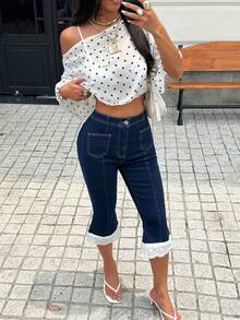 Rivivi 女士休闲通勤蕾丝拼接喇叭七分牛仔裤 - 深色水洗藍 - 查看 5
