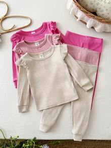 SHEIN 6pcs Baby Girl Knitted Solid Color Round Neck Ruffle T-Shirt And Pants Set - Multicolor - View 6