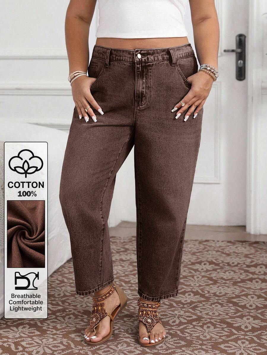 EMERY ROSE Plus Size Solid Color Casual Jeans - Coffee Brown - View 1