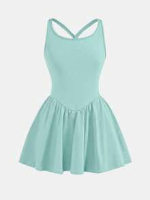 Vestido casual deportivo de unicolor con espalda de tirantes cruzados para niñas preadolescentes - verde menta - Ver 3