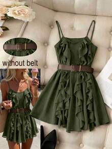 Franclia Elegant French Style Ruffle Asymmetrical Strap Cinched Waist Women Dress - Army Green - View 8