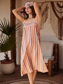 Lullawish Đầm maxi dáng rộng thoải mái kiểu Bohemian Boho, kẻ sọc nhiều màu sắc, chất liệu cotton dệt kim mềm mại, thích hợp mặc ở nhà hoặc đi biển. - Nhiều màu - Xem 5