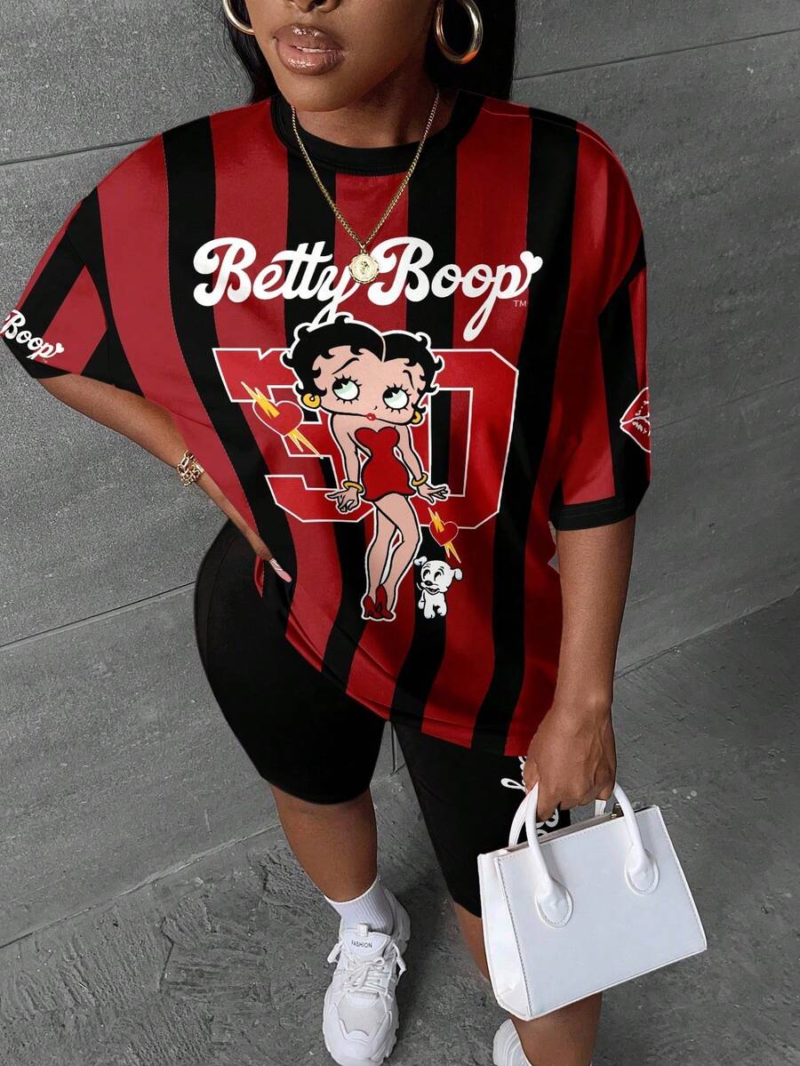 Slaydiva Betty Boop x SHEIN 大码女式基础休闲复古可爱黑红条纹印花两件套,春夏款 - 彩色 - 查看 1