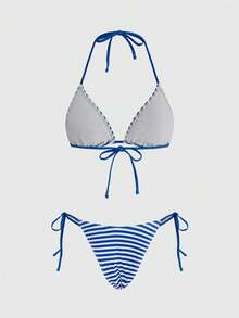 ROMWE Avant Bộ bikini 3 mảnh thanh lịch màu xanh sọc gợi cảm buộc dây phía trước dành cho nữ, chất liệu co giãn, thích hợp cho bãi biển, tiệc tùng, mùa xuân/hè. - Màu xanh lam - Xem 7