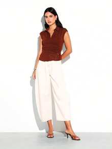 KSTM Sleeveless Knitted Polo Top With Buttoned Placket And Ribbed Waistband Detail Casual Fitted Tank - Brown - View 1