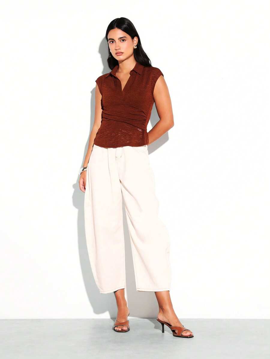 KSTM Sleeveless Knitted Polo Top With Buttoned Placket And Ribbed Waistband Detail Casual Fitted Tank - Brown - View 1