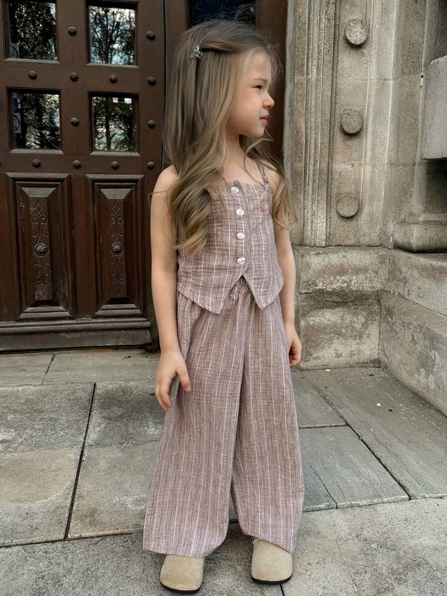 Dazy Kids Bộ đồ thường ngày cho bé gái: áo sơ mi kẻ sọc cài cúc và quần ống rộng. - Màu Khaki - Xem 1