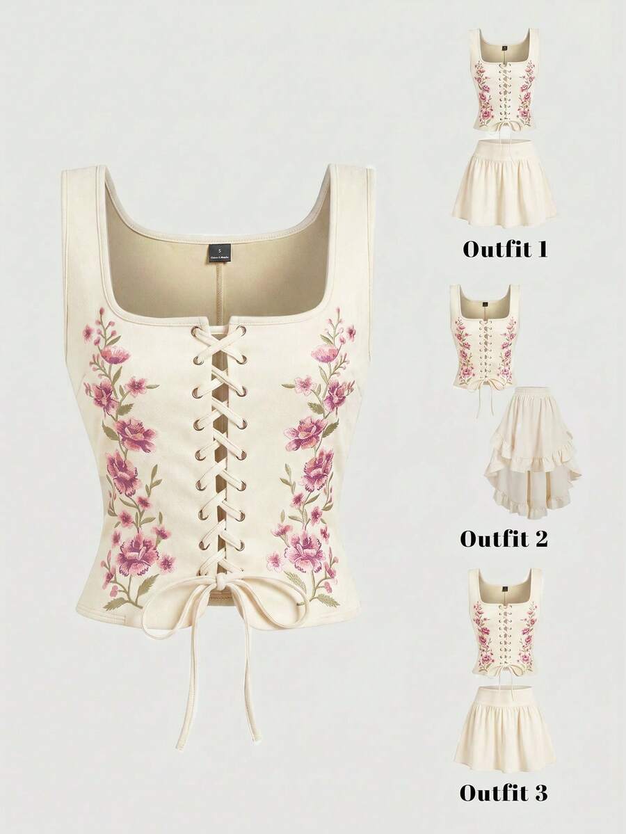 SHEIN MOD 大码鸡眼系带印花复古吊带衫 - 杏色 - 查看 1