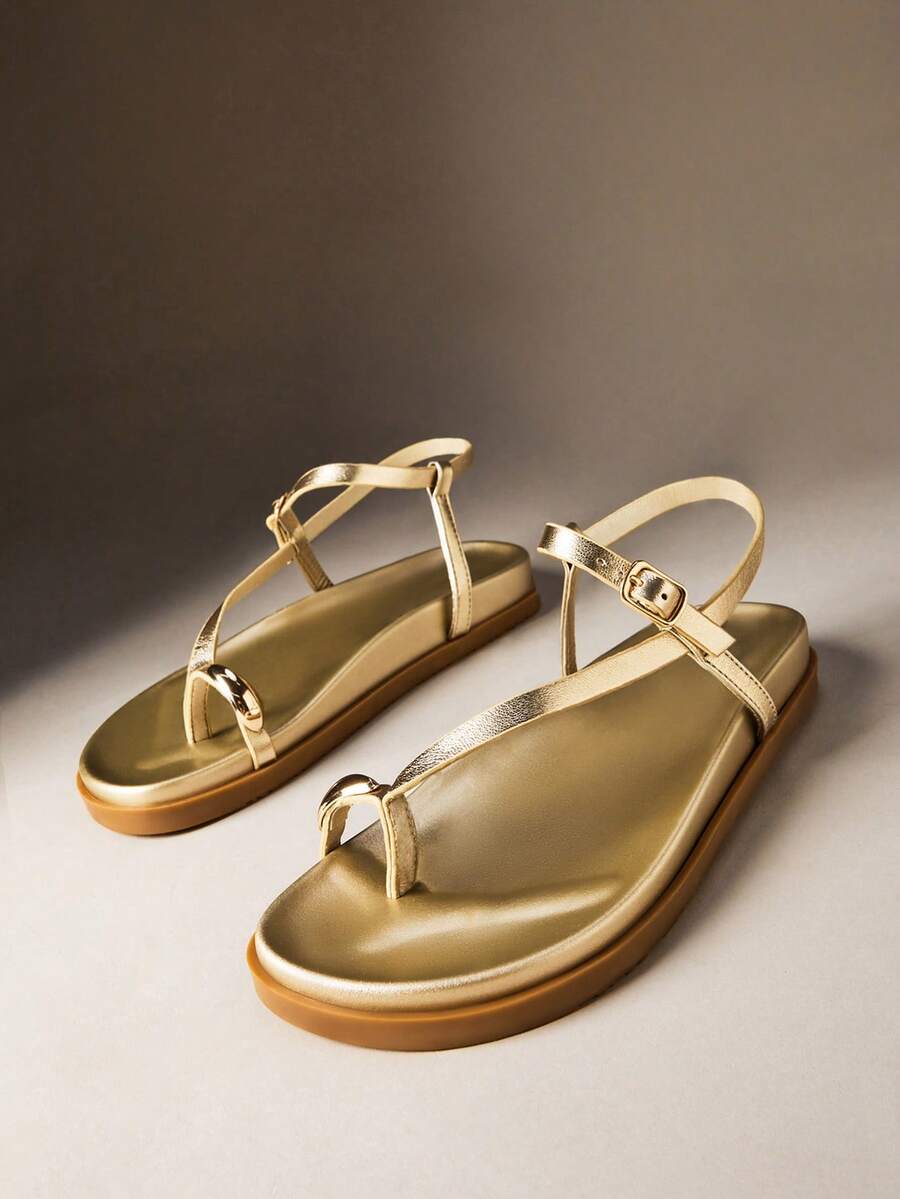 Hauture Sandal đế bằng bằng da PU ánh kim màu vàng, thoải mái, dành cho nữ. - Vàng - Xem 1