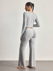 Ocili 100% Cotton Tie-Side Sleepwear Set, Women Comfortable Minimalist Solid Color Long Sleeve Top And Pants Pajamas - Grey - View 4