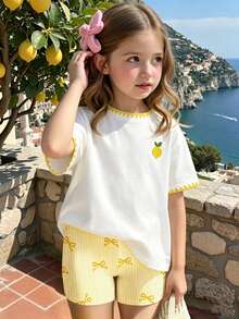 Young Girl Lemon Embroidery Short Sleeve T-Shirt And Shorts Set - Multicolor - View 4
