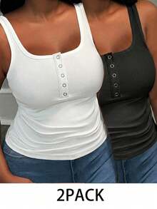 Slaydiva 2pcs/Set Versatile Black & White Plus Size Women Solid Color Thick Strap Ribbed Fabric Tank Tops, Suitable For Summer Vacation - Black and White - View 1