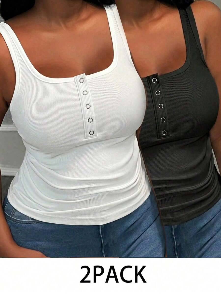 Slaydiva 2pcs/Set Versatile Black & White Plus Size Women Solid Color Thick Strap Ribbed Fabric Tank Tops, Suitable For Summer Vacation - Black and White - View 1