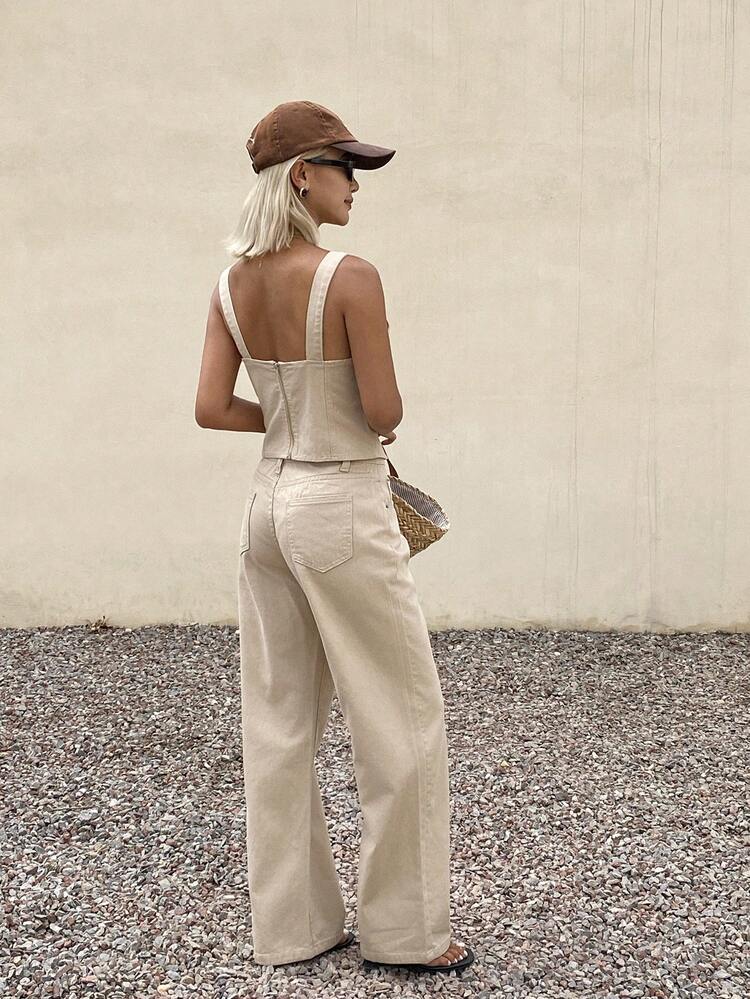 Women's Casual Solid Color Zip-Back Denim Camisole And Jeans Set, Summer