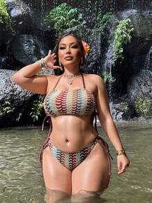 Swim SXY 2026 New Plus Size Women Beach Vacation Braided Strap Baseball Print Top And Side Braided Tie Pants Sexy Swimwear Set - Multicolor - View 3