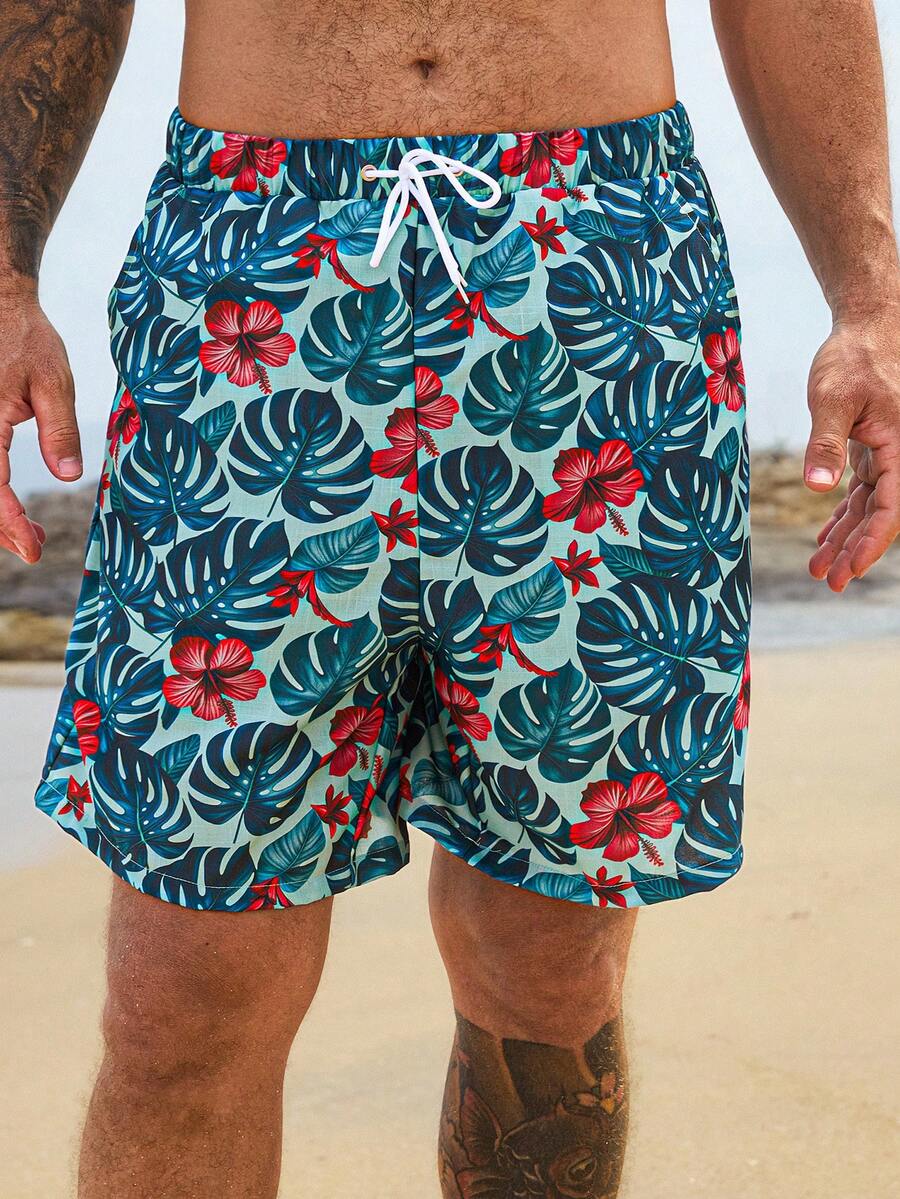 DAZY Tropical Plant Print Men's Beach Shorts, Summer Vacation Style - Multicolor - View 1