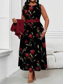 SHEIN Lady Đầm tím đỏ thanh lịch, kín đáo, thích hợp mặc đi làm mùa thu đông; Bộ đồ đôi màu tím cỡ lớn, cổ tròn, sang trọng dành cho nữ; Trang phục đồng quê cho nữ; Đầm đồng quê cho nữ; Bộ đồ hai mảnh in họa tiết màu tím. - Đỏ - Xem 4