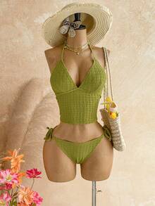 Soleia Women's Solid Color Halter Tie Bikini Set, Summer Beach - Green - View 8