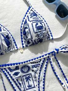 Swim Mod Women's Random Print Halter Neck Ruffle Strap Tie-Up 2-Piece Bikini Set, Spring/Summer - Multicolor - View 5