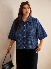 Elaquor Áo sơ mi denim dáng rộng tay ngắn cài một hàng khuy cho nữ cỡ lớn, có túi, kiểu dáng thường ngày. - Rửa tối - Xem 6