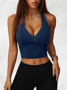 SHEIN ICON Women's Casual Halter Neck Tight Fit Stretchy Blue Denim Blouse - Dark Wash - View 3
