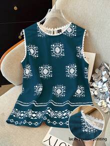 Louniche Women's All-Over Print Bamboo Texture Ruffle Trim Blouse - Teal Blue - View 5