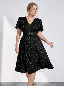 Chikora Plus Size Women Elegant Black And White Polka Dot Dress,Summer V-Neck Casual Office Tea Party Dress,Wedding Guest Formal Ceremony Graduation Outfit - Black and White - View 6