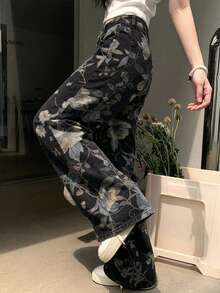 DAZY Quần jeans ống rộng nữ in hoa, có túi và cúc, kiểu dáng wash. - màu đen - Xem 2