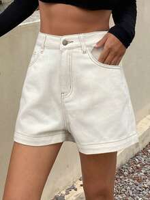 Livesso Shorts vaqueros de mujer con bolsillos, cremallera y botones, de moda y versátiles - Caqui - Ver 4