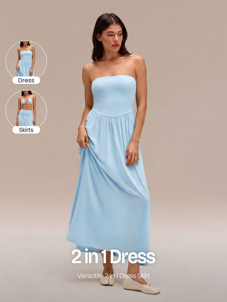 GLOWMODE 2-In-1 Two-Way Wear Strapless Dress Keep It Breezy Ultra-Fine Soft Texture Side Pockets Foldable Daily Casual Wear - Blue Day - View 1