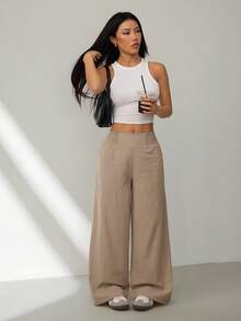 SHEIN PETITE Bộ sưu tập Xuân/Hè 2026 mới, kiểu dáng thường ngày, thích hợp cho các buổi đi chơi, dự tiệc, đi làm, đi học, hẹn hò, ở nhà, tiệc sinh nhật và nhiều dịp khác. Quần ống rộng, cạp chun, màu be, phù hợp cho nhiều hoạt động. - Màu Khaki - Xem 3