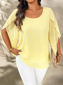 SHEIN LUNE Plus Size Women's Plus Size Cap Sleeve Sheer Slim Fit Blouse - Yellow - View 5