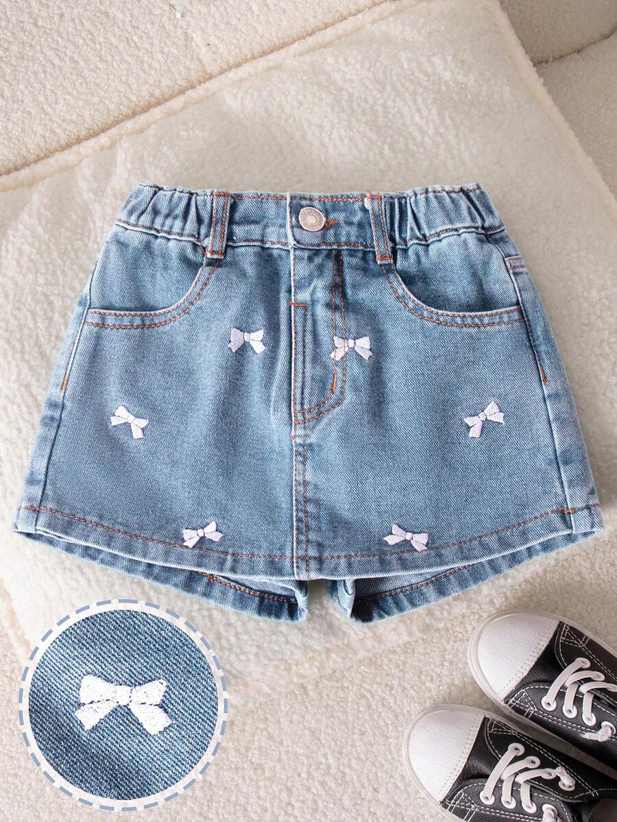 Genkimix Kids Váy ngắn xếp ly bằng vải denim màu sáng, thêu hình bướm, dành cho bé gái. - Rửa trung bình - Xem 1
