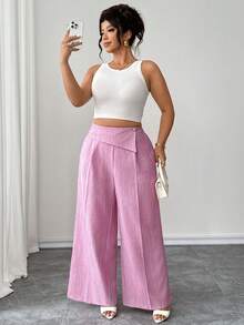 SHEIN Clasi Plus Size Women's New High Waist Woven Texture Elegant A-Line Wide Leg Pants - Hot Pink - View 7