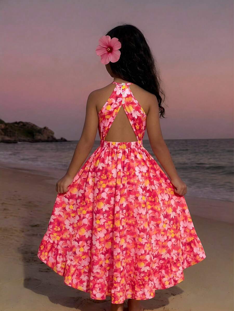 SHEIN Tween Girls' Summer Beach Vacation Allover Print Backless Halter Dress - Multicolor - View 1