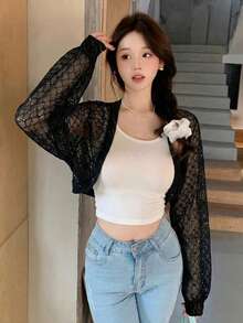 DAZY Áo khoác dài tay nữ kiểu Hàn Quốc nhẹ, chất liệu vải dệt họa tiết, phong cách thường ngày. - màu đen - Xem 1