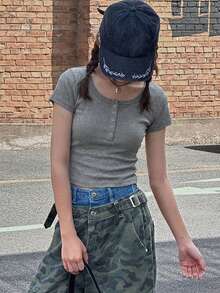 Dazy Kids Teen Girl Fitted Solid Color Short Sleeve T-Shirt Summer - Grey - View 6