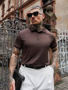 Artur Kramer Men's Solid Color Rib-Knit Polo Shirt, Old Money Style - Coffee Brown - View 3