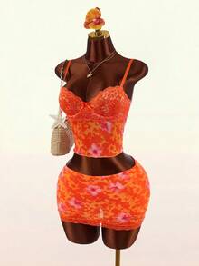 Amplova Lace Cup Detail Tropical Floral Mesh Bodycon 2 Pieces Set For Women Beach Vacation Orange Red Summer Outfits Casual - Orange - View 3
