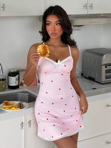 SHEIN 女士心形印花交叉露背睡裙 - 彩色 - 查看 4