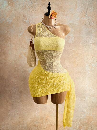 Mistrie 2026 Spring/Summer Vacation Beach Date Sexy Lace Patchwork Textured Tie-Front Mini Dress For Women
